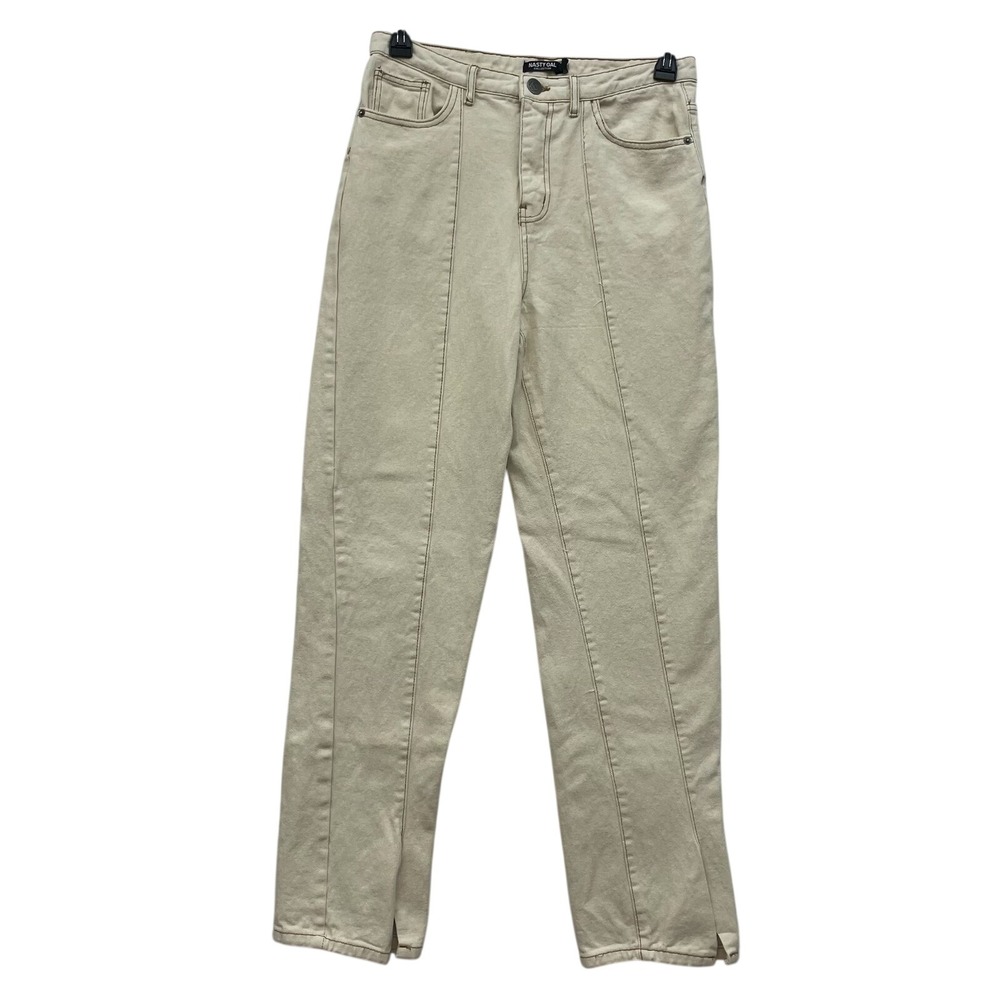 Nasty Gal High Waist Straight Leg Pants Womens 6 Beige Front Seam Split Hem Read
